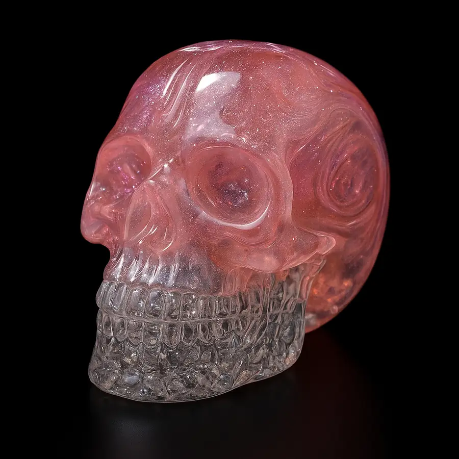 A photograph features a crystal skull sculpture wi