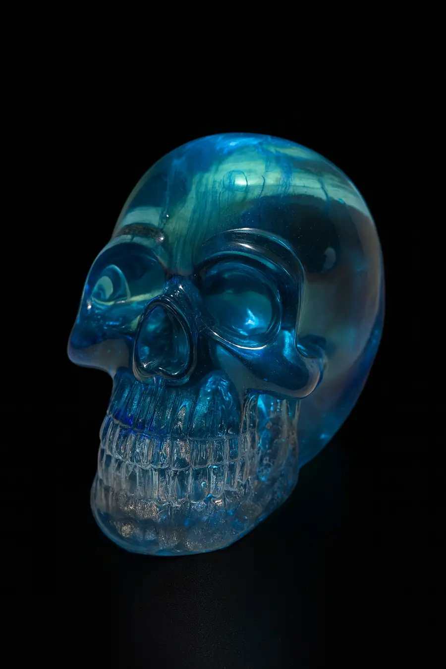 A photograph features a translucent blue skull scu
