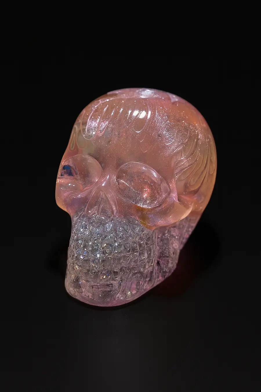 A photograph features a translucent resin skull sc