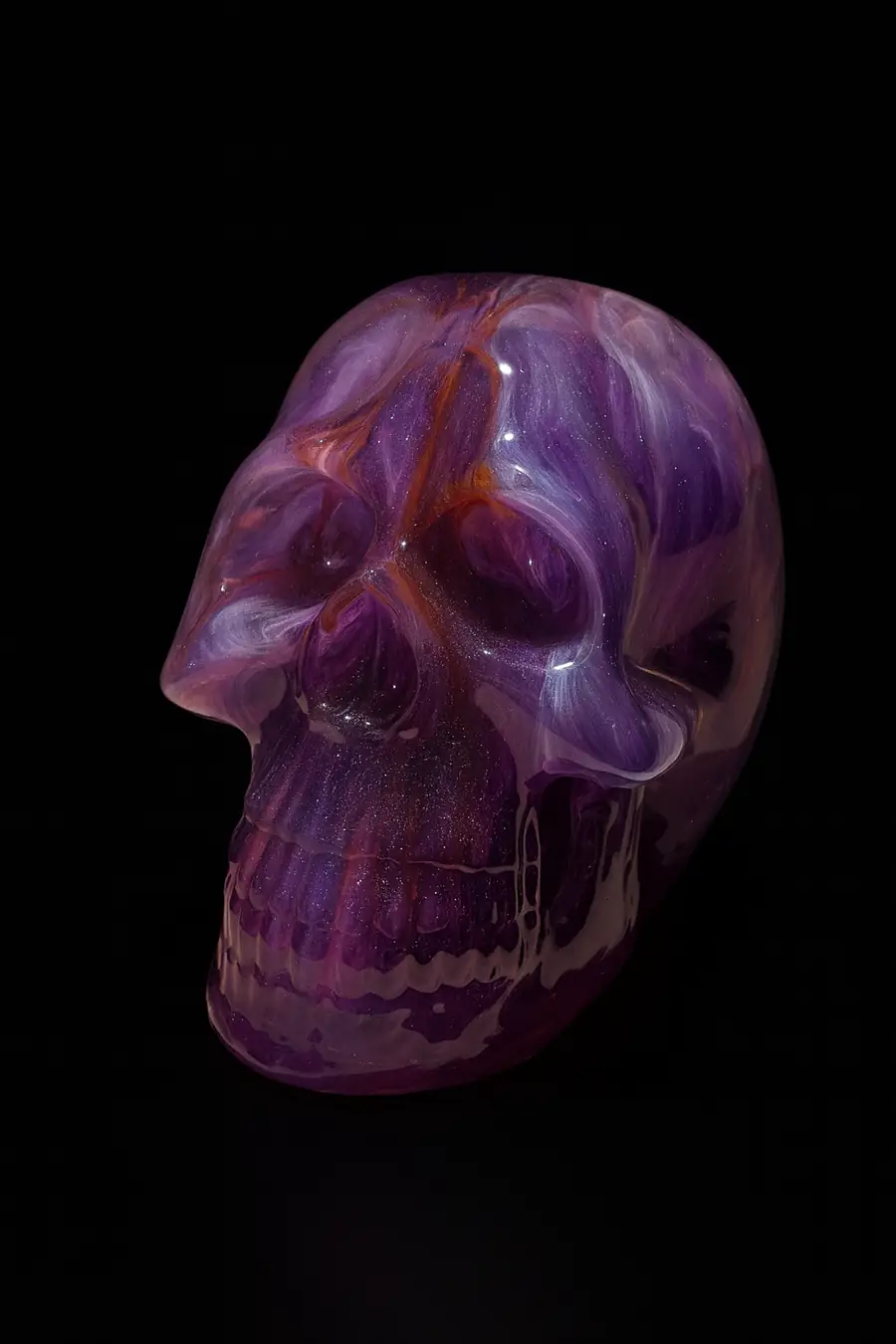 A photograph showcases a crystal skull sculpture w